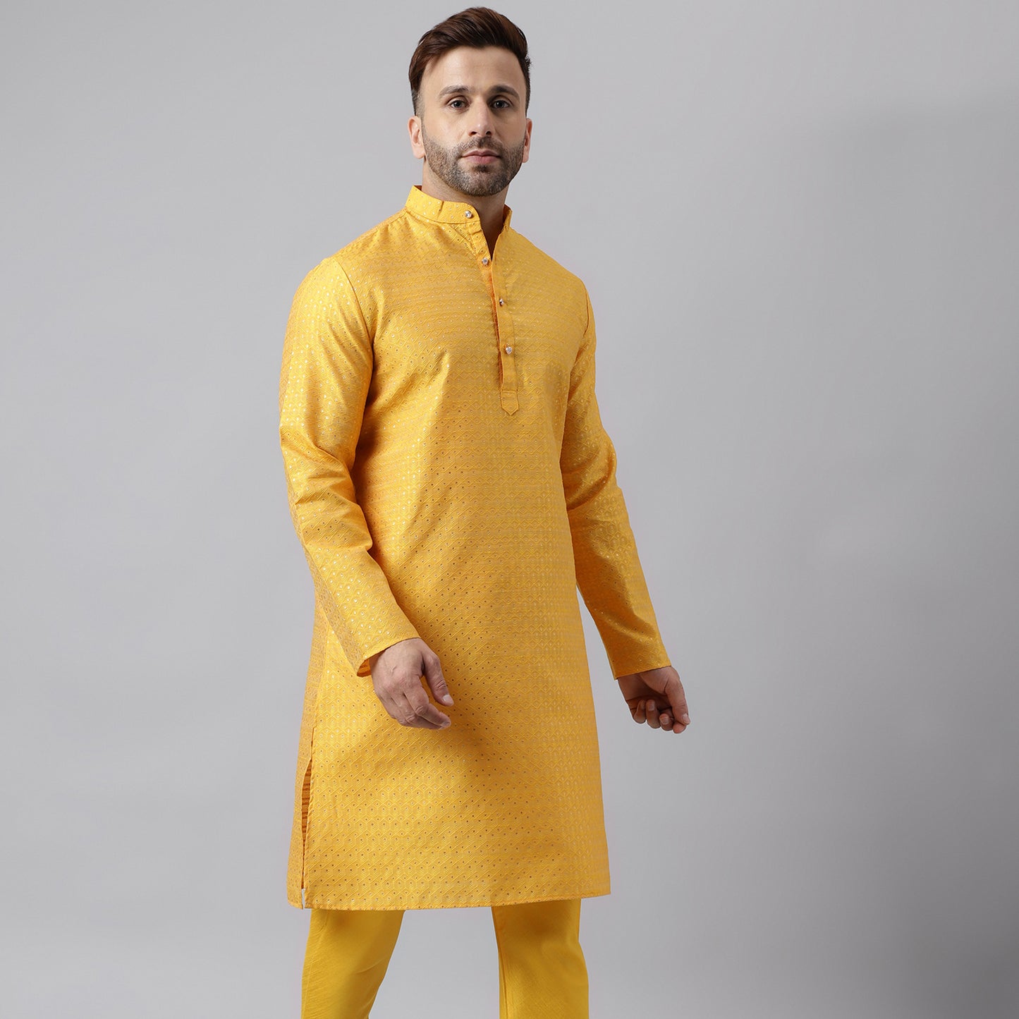 Hangup Men's Ethnic Jacquard Embroidered Yellow Kurta