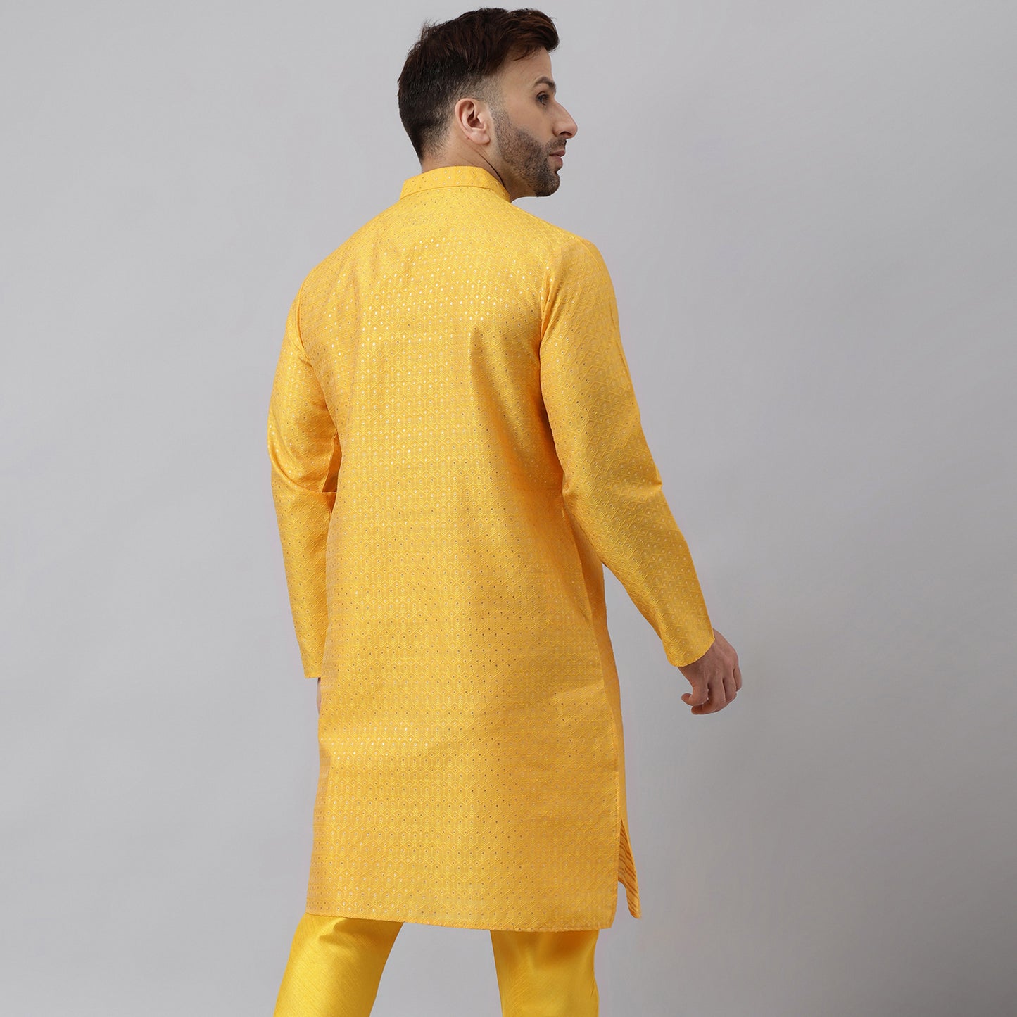 Hangup Men's Ethnic Jacquard Embroidered Yellow Kurta