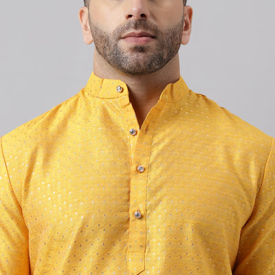 Hangup Men's Ethnic Jacquard Embroidered Yellow Kurta