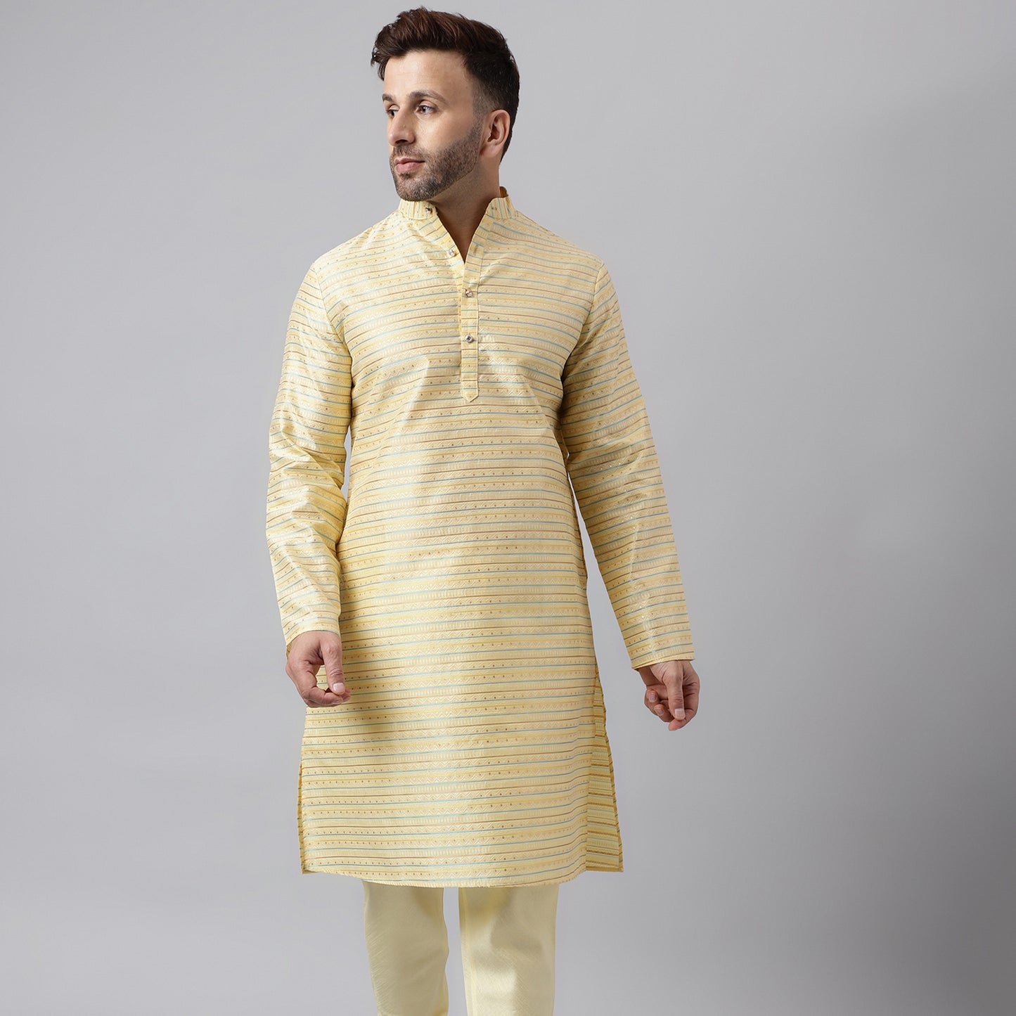 Hangup Men's Ethnic Jacquard Embroidered Cream Kurta