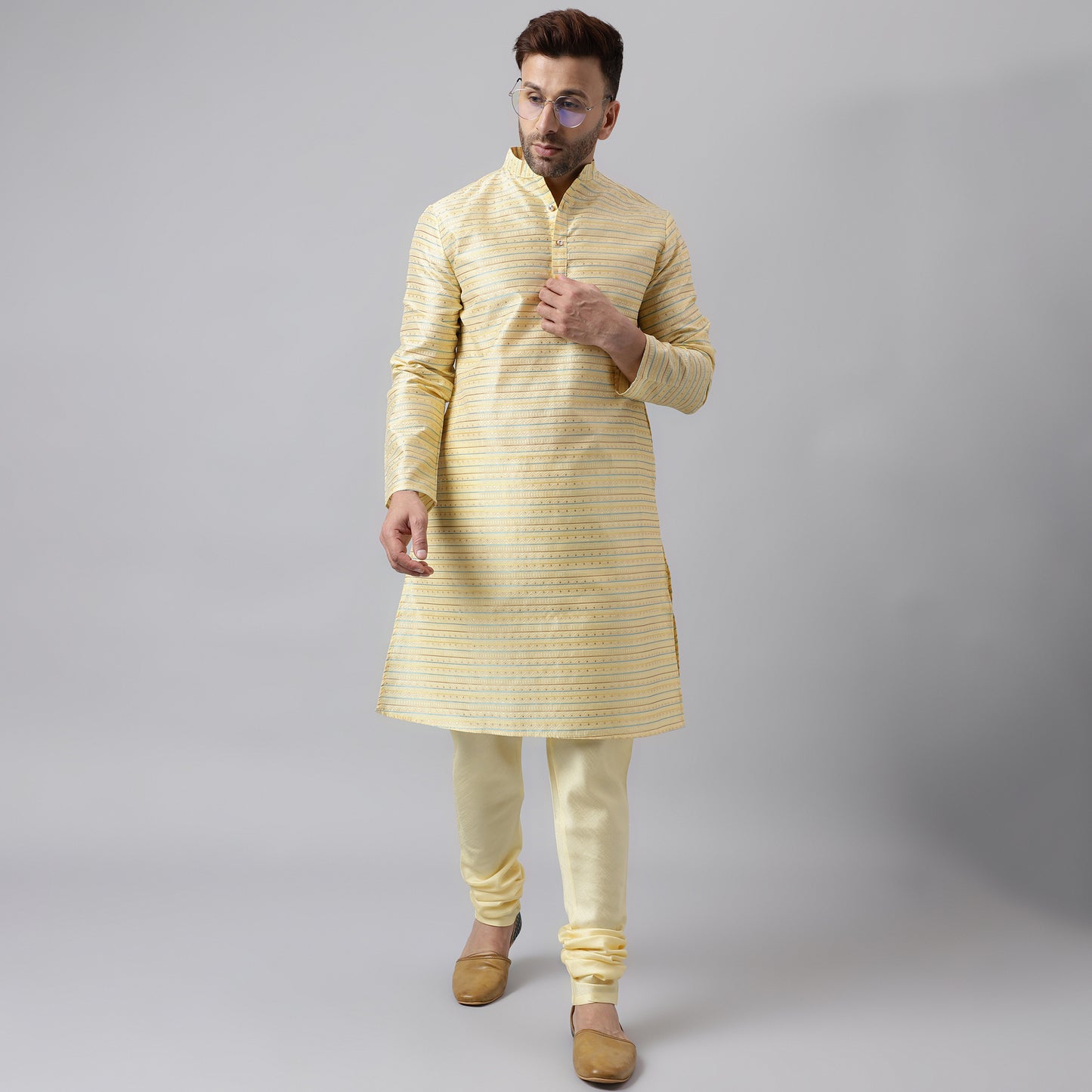 Hangup Men's Ethnic Jacquard Embroidered Cream Kurta