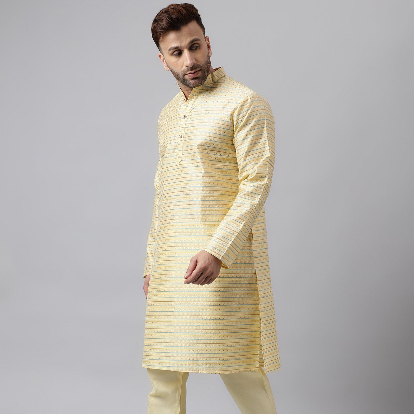 Hangup Men's Ethnic Jacquard Embroidered Cream Kurta