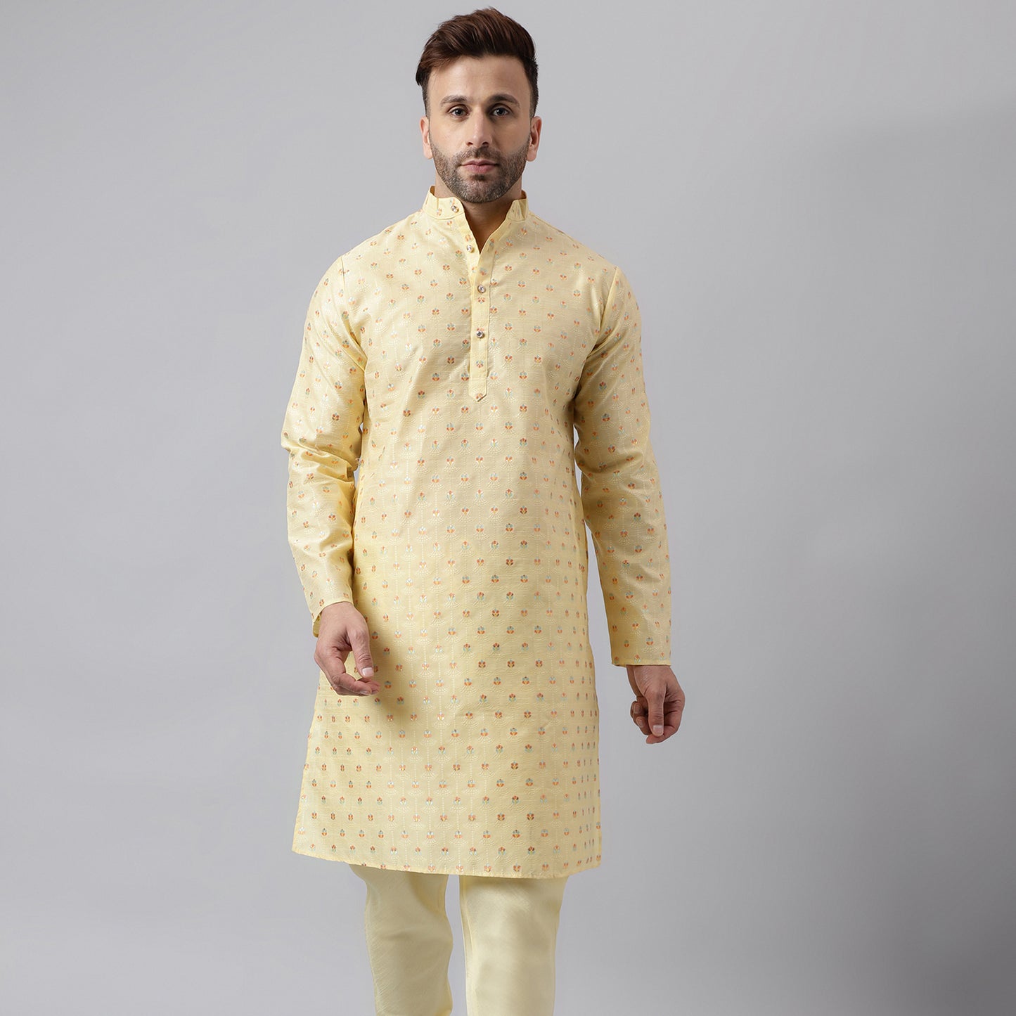 Hangup Men's Ethnic Jacquard Embroidered Off White Kurta