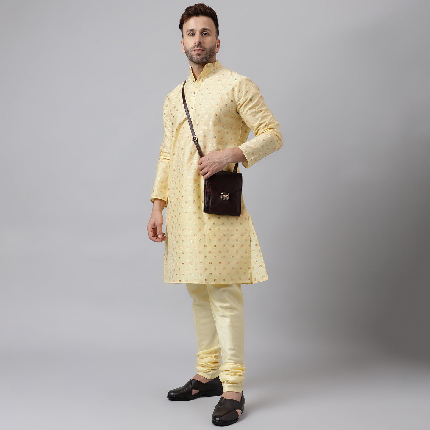 Hangup Men's Ethnic Jacquard Embroidered Off White Kurta