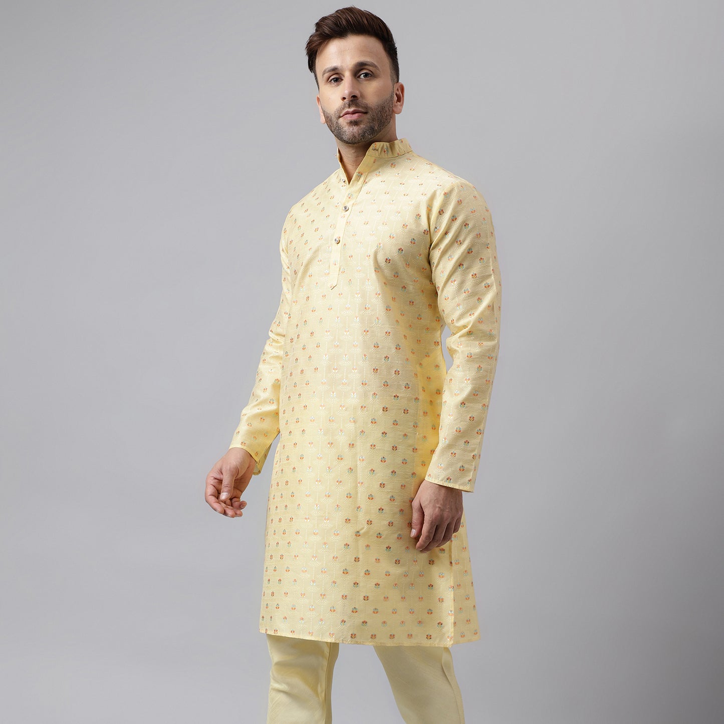 Hangup Men's Ethnic Jacquard Embroidered Off White Kurta