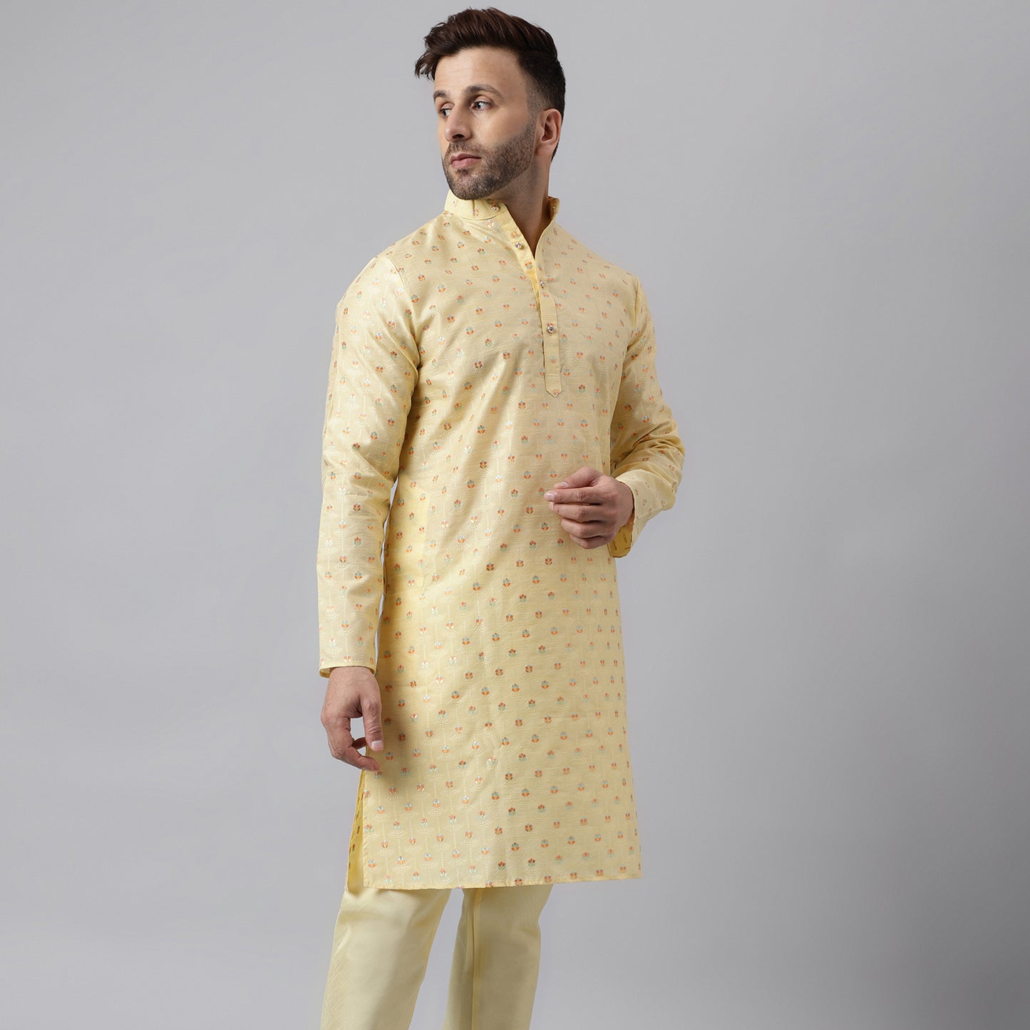 Hangup Men's Ethnic Jacquard Embroidered Off White Kurta