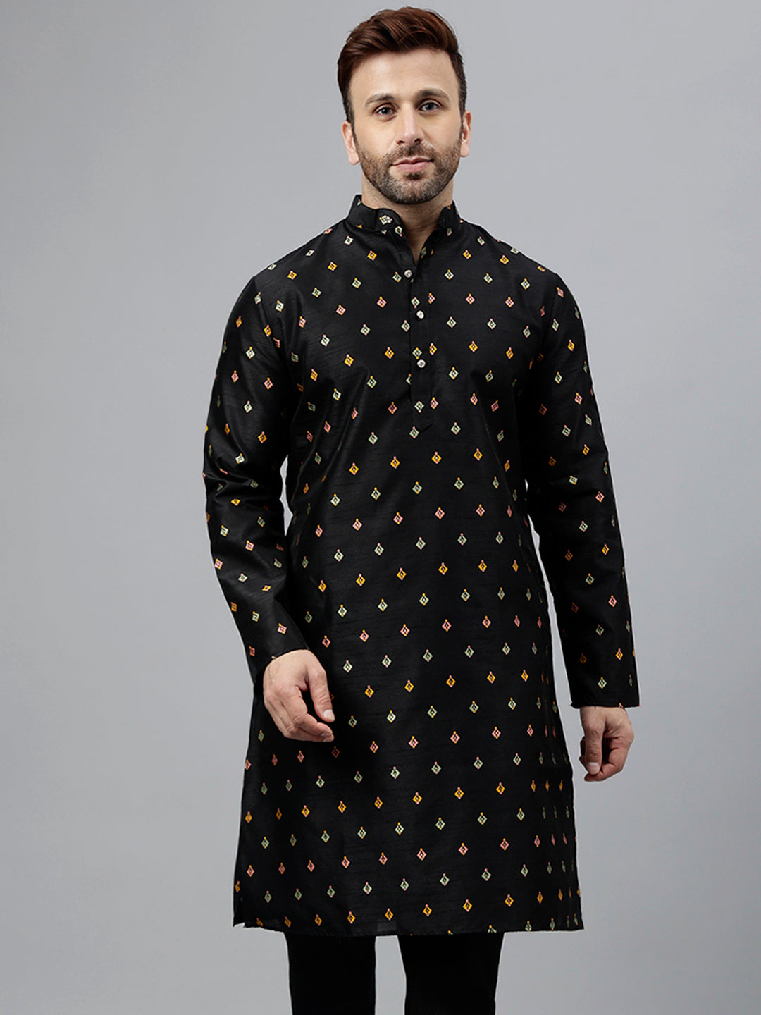 Hangup Men's Ethnic Jacquard Embroidered Black Kurta