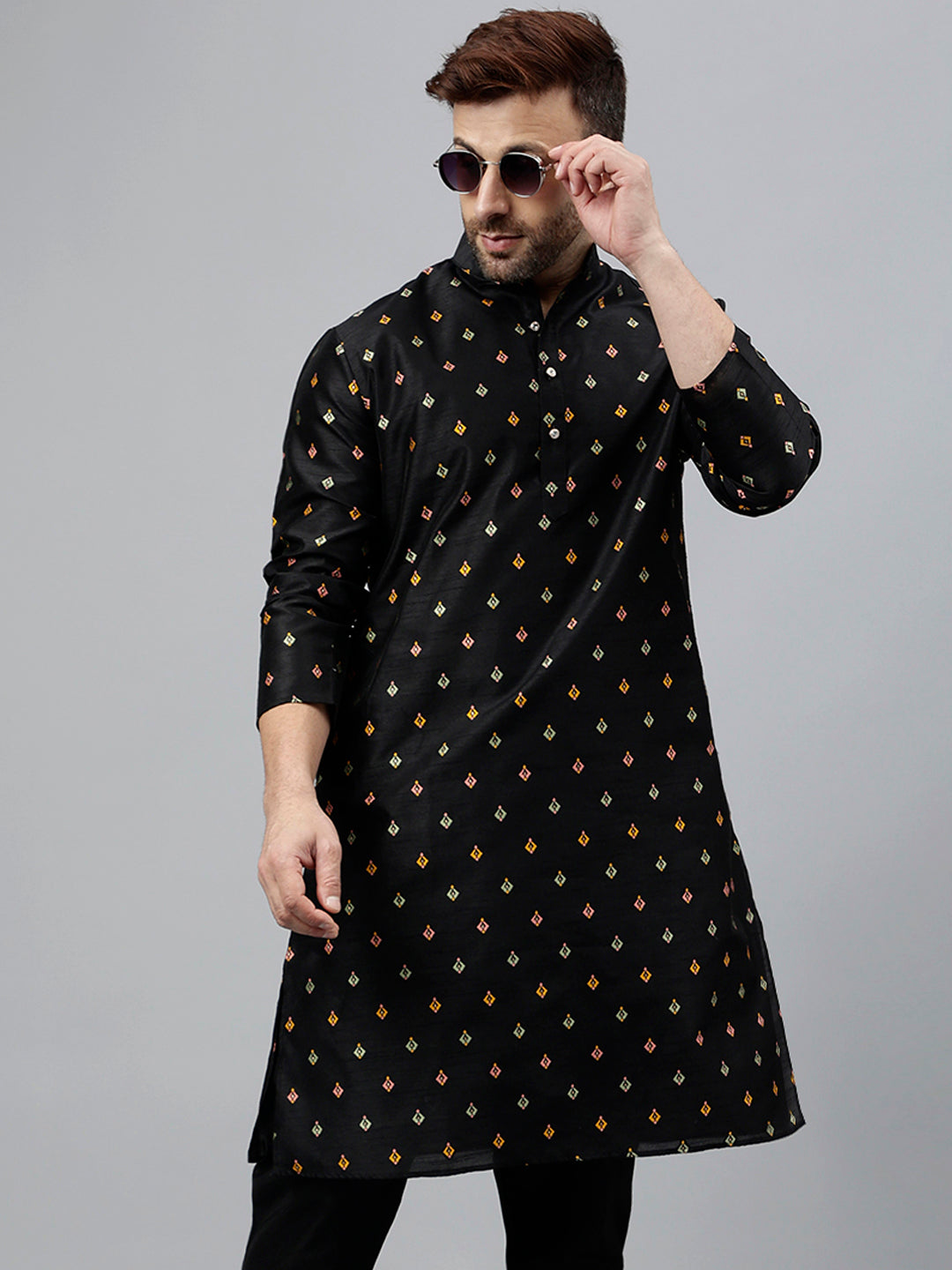 Hangup Men's Ethnic Jacquard Embroidered Black Kurta