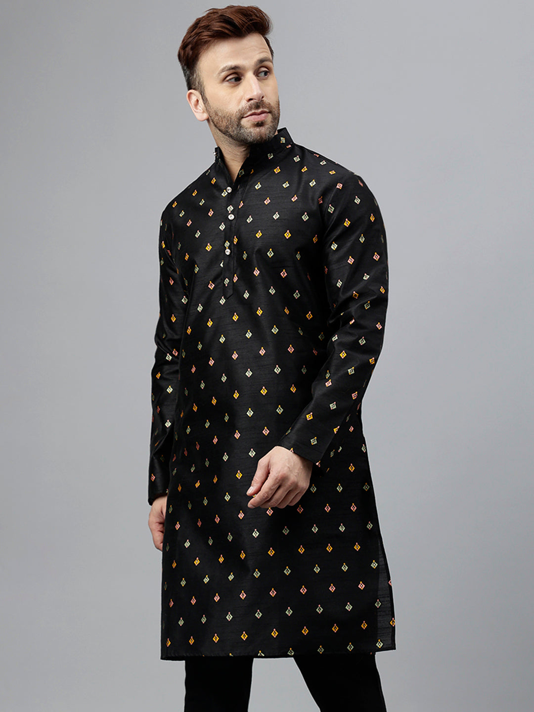 Hangup Men's Ethnic Jacquard Embroidered Black Kurta