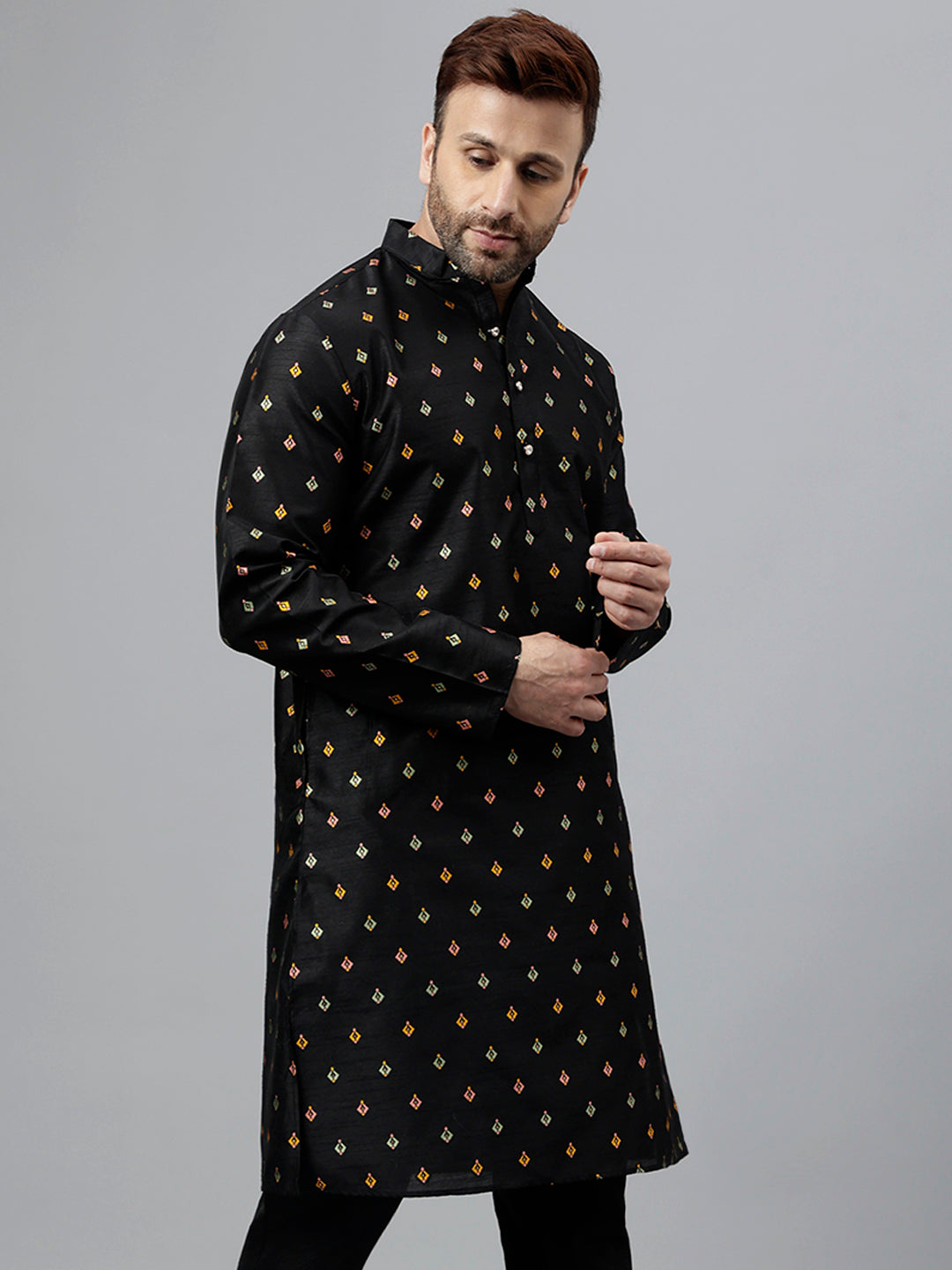 Hangup Men's Ethnic Jacquard Embroidered Black Kurta