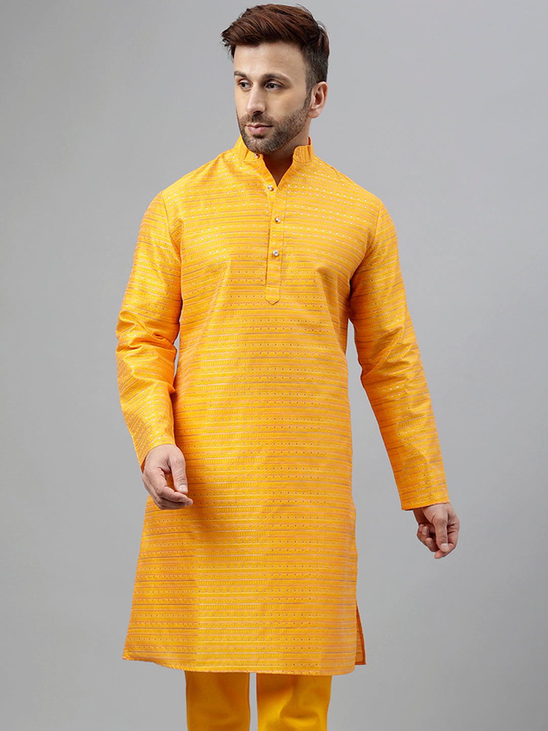 Hangup Men's Ethnic Jacquard Embroidered Orange Kurta