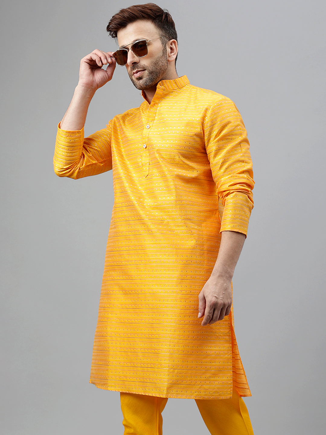 Hangup Men's Ethnic Jacquard Embroidered Orange Kurta