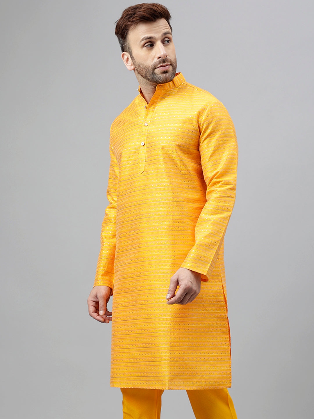 Hangup Men's Ethnic Jacquard Embroidered Orange Kurta