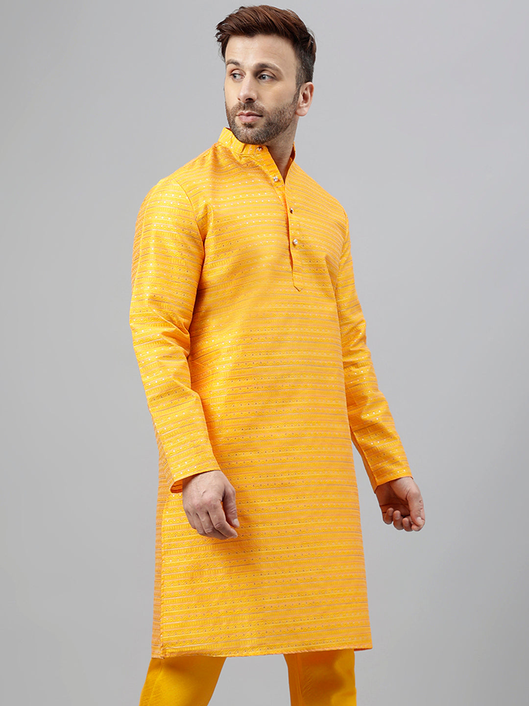 Hangup Men's Ethnic Jacquard Embroidered Orange Kurta