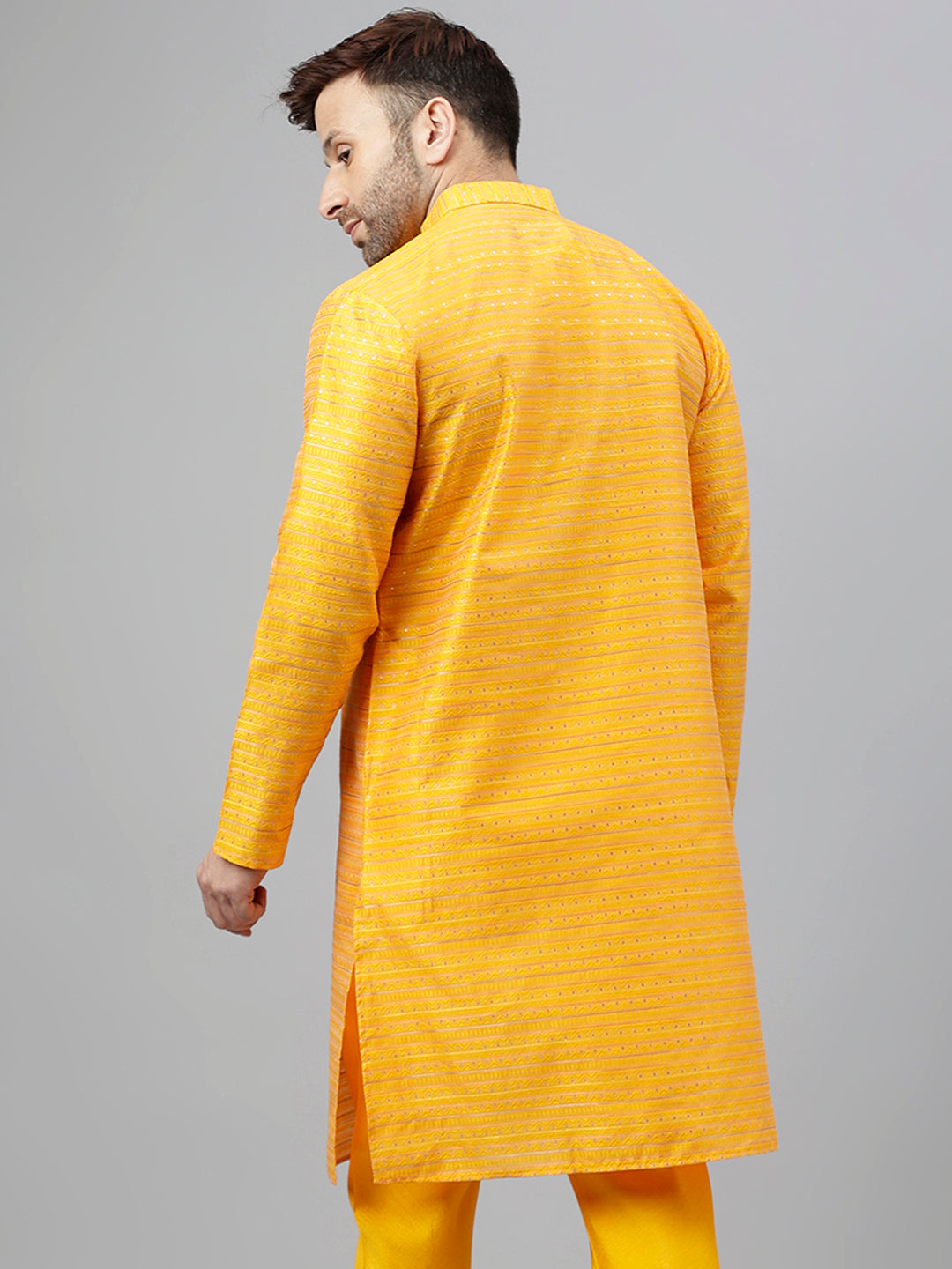 Hangup Men's Ethnic Jacquard Embroidered Orange Kurta