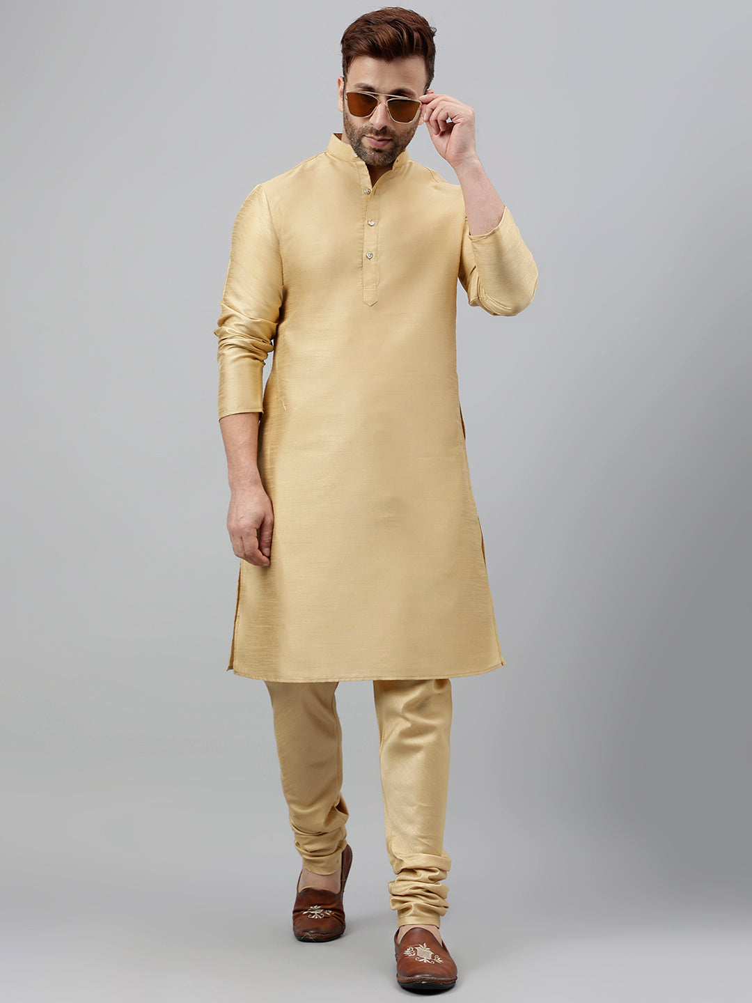 Hangup Men's Ethnic Solid Khakhi Kurta