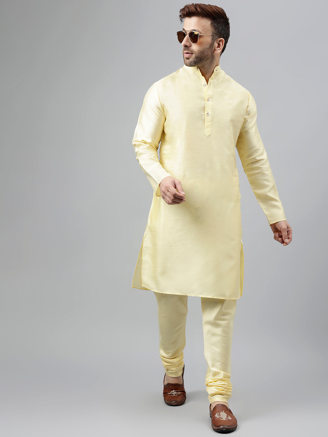 Hangup Men's Ethnic Solid Lemon Kurta