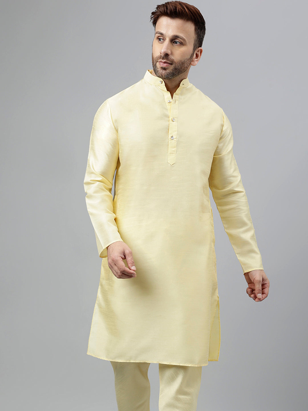 Hangup Men's Ethnic Solid Lemon Kurta