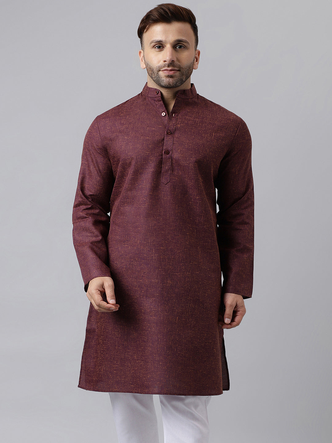 Hangup Men's Ethnic Solid/self weaved Maroon Kurta