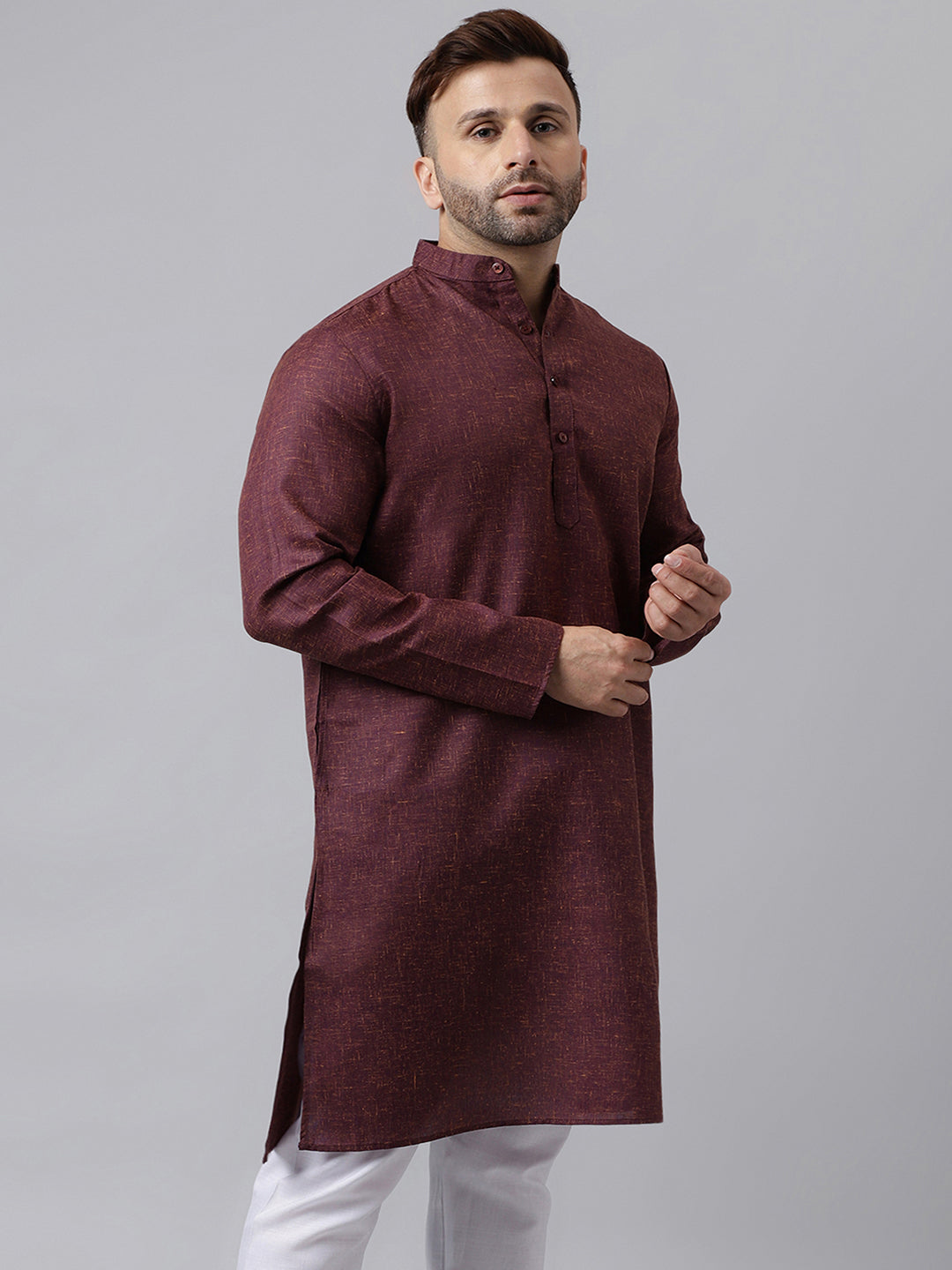 Hangup Men's Ethnic Solid/self weaved Maroon Kurta