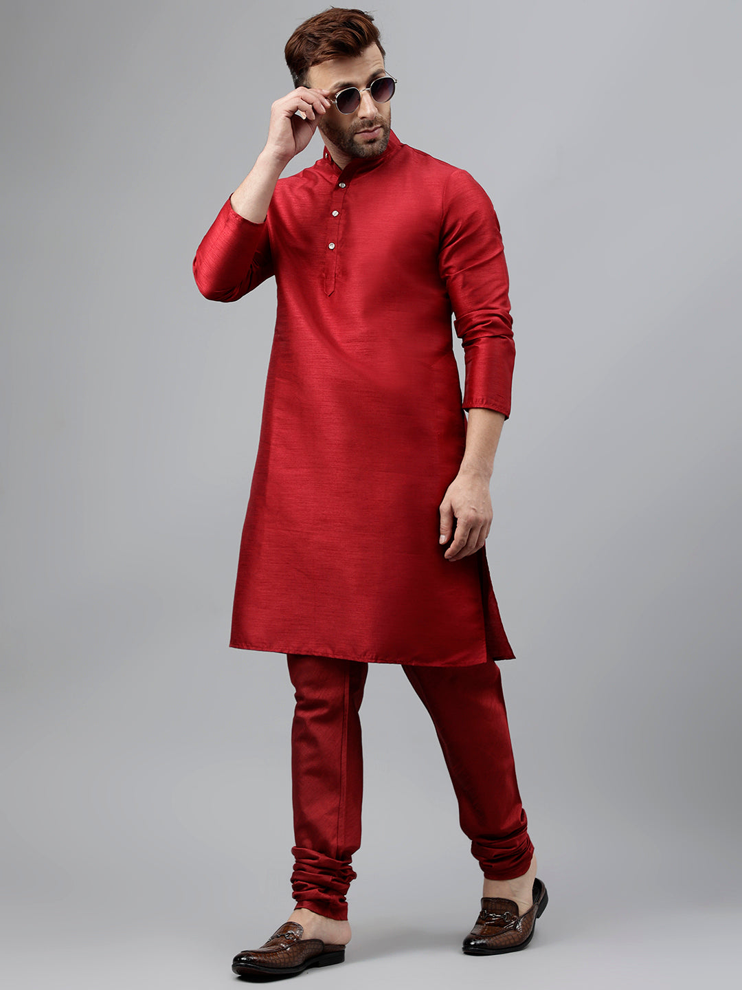 Hangup Men's Ethnic Solid Maroon Kurta