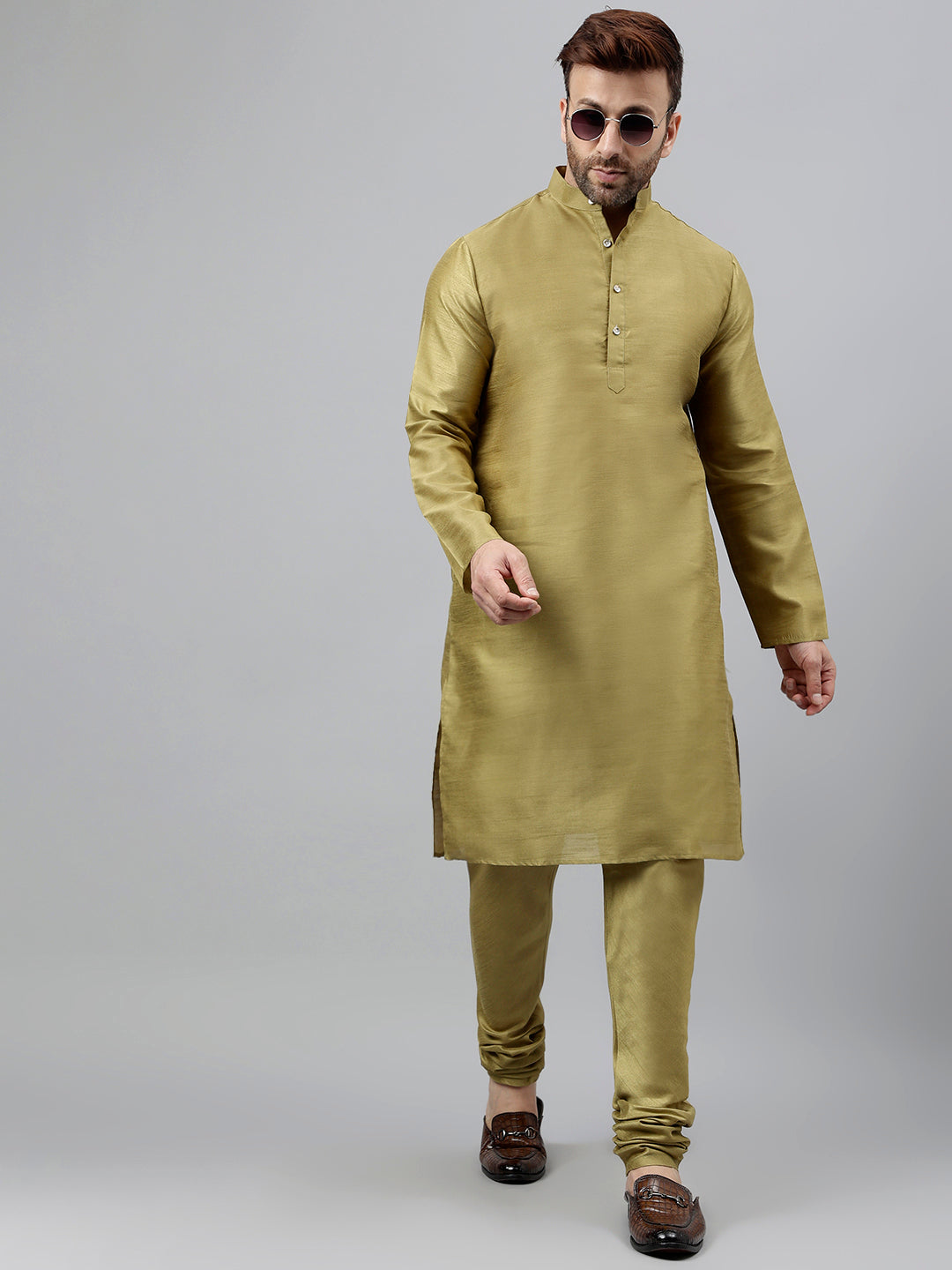 Hangup Men's Ethnic Solid Mehandi Green Kurta