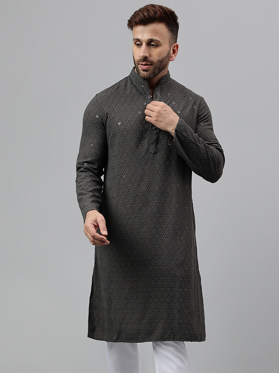 Hangup Men's Ethnic Embroidered Dark Grey Kurta