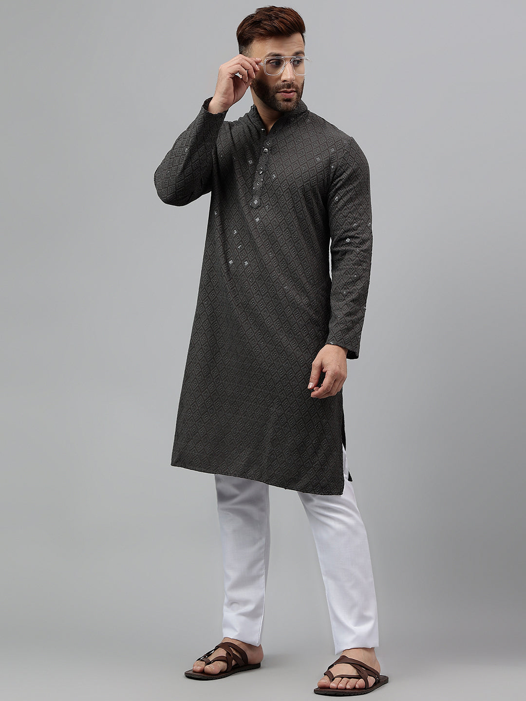 Hangup Men's Ethnic Embroidered Dark Grey Kurta