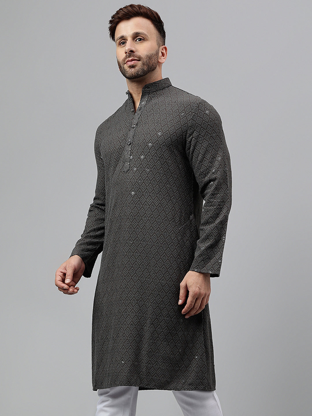 Hangup Men's Ethnic Embroidered Dark Grey Kurta