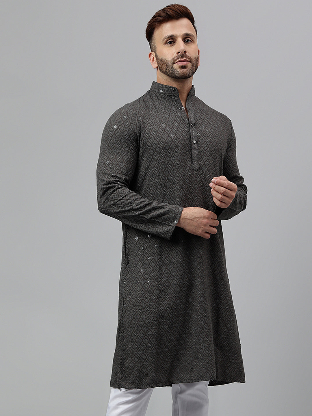 Hangup Men's Ethnic Embroidered Dark Grey Kurta