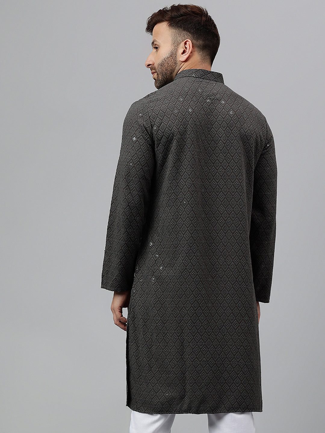 Hangup Men's Ethnic Embroidered Dark Grey Kurta