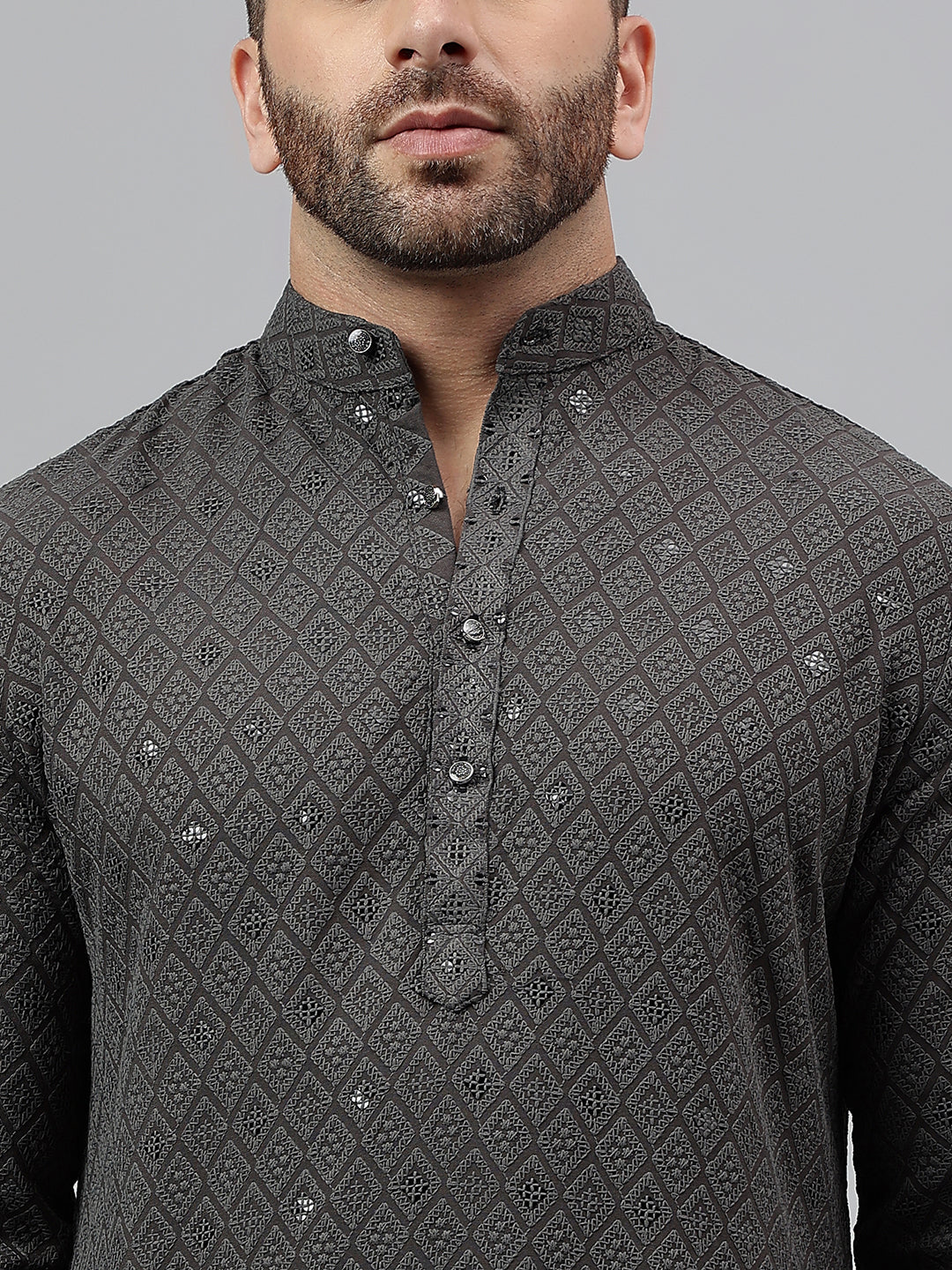 Hangup Men's Ethnic Embroidered Dark Grey Kurta