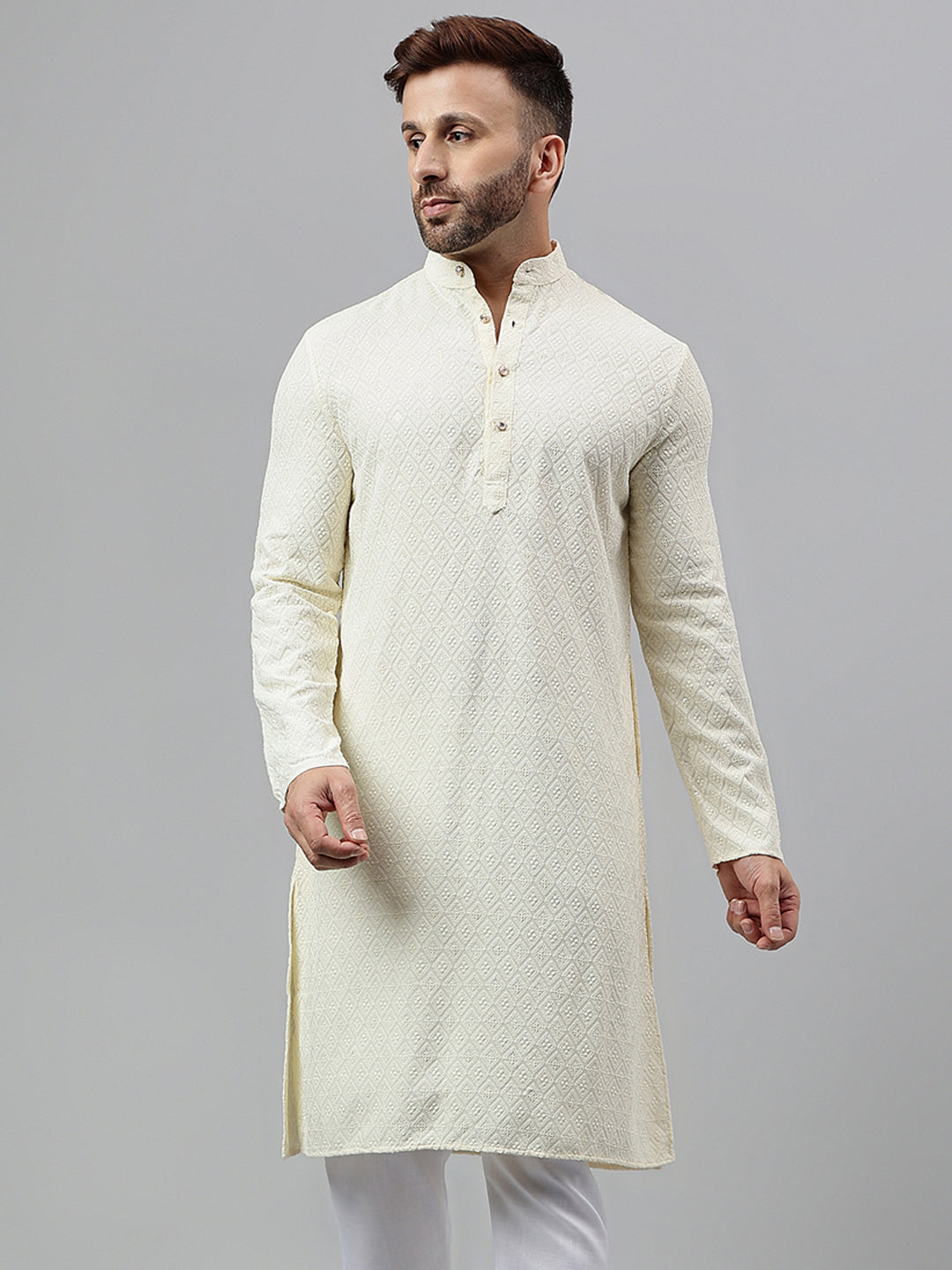 Hangup Men's Ethnic Embroidered Cream Kurta