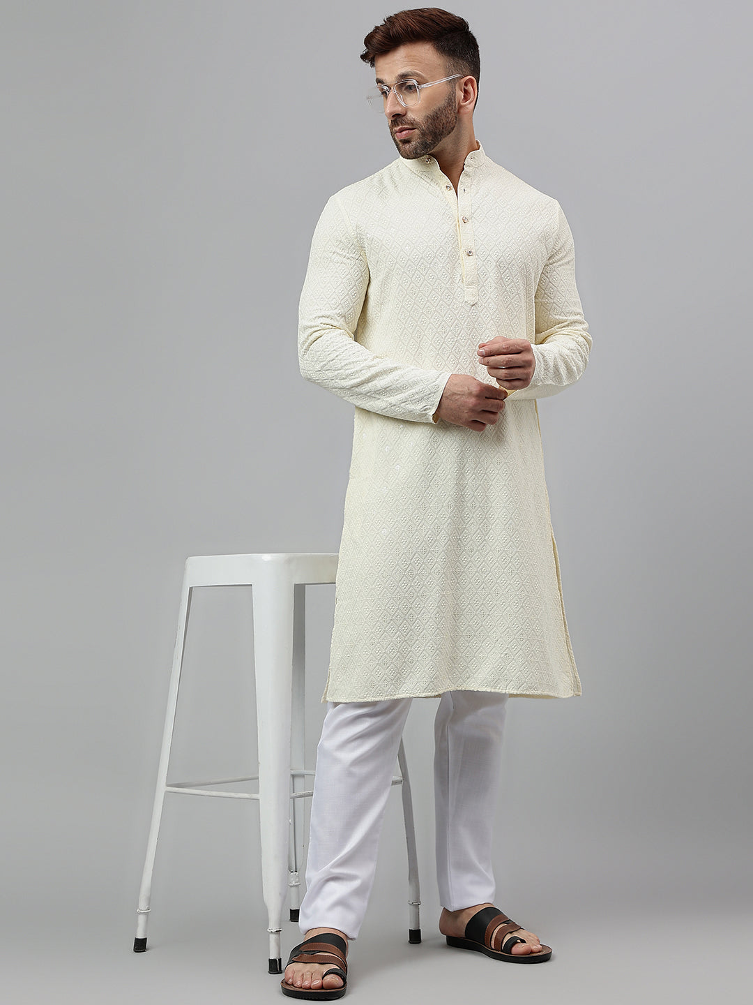 Hangup Men's Ethnic Embroidered Cream Kurta