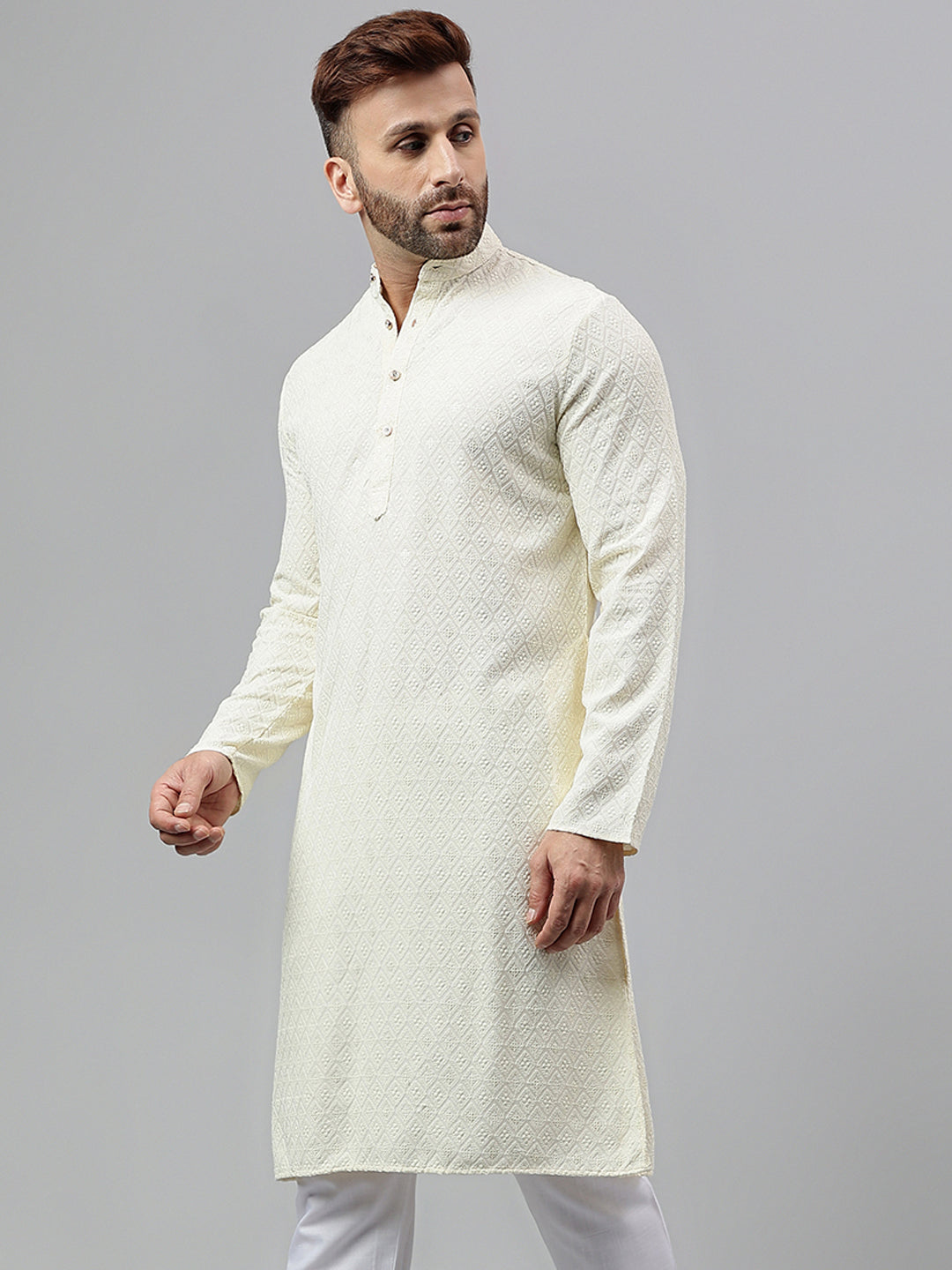 Hangup Men's Ethnic Embroidered Cream Kurta