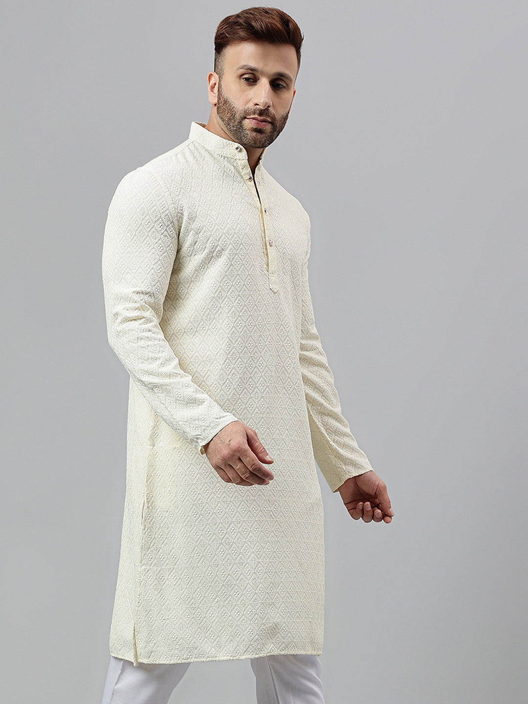 Hangup Men's Ethnic Embroidered Cream Kurta