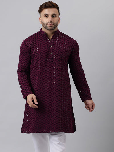 Hangup Men's Ethnic Embroidered Magenta Kurta