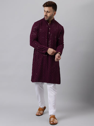 Hangup Men's Ethnic Embroidered Magenta Kurta