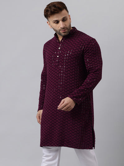 Hangup Men's Ethnic Embroidered Magenta Kurta