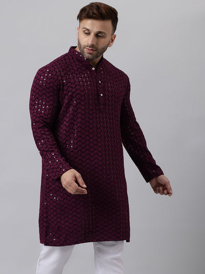 Hangup Men's Ethnic Embroidered Magenta Kurta