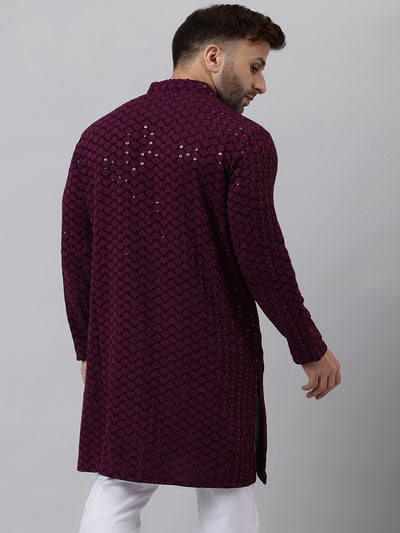 Hangup Men's Ethnic Embroidered Magenta Kurta