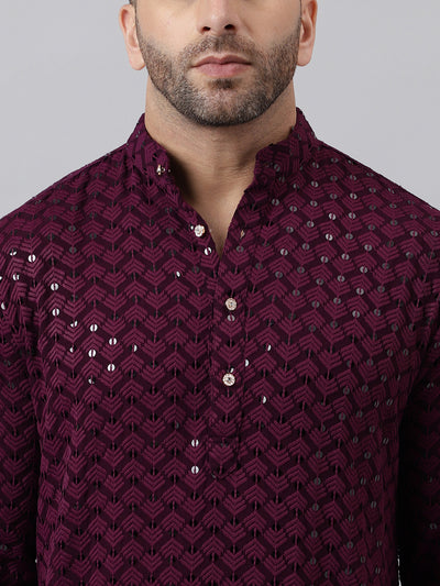 Hangup Men's Ethnic Embroidered Magenta Kurta