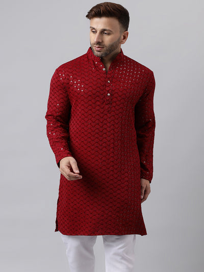 Hangup Men's Ethnic Embroidered Maroon Kurta