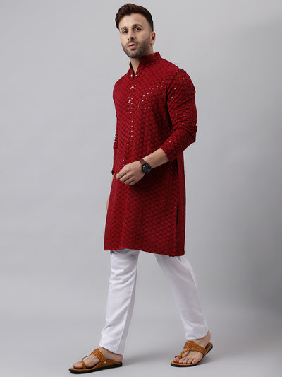 Hangup Men's Ethnic Embroidered Maroon Kurta