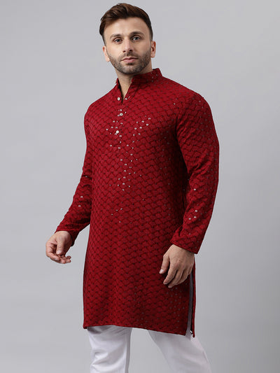 Hangup Men's Ethnic Embroidered Maroon Kurta