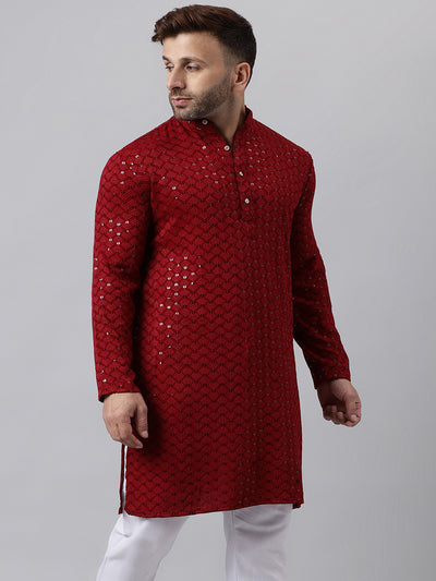 Hangup Men's Ethnic Embroidered Maroon Kurta