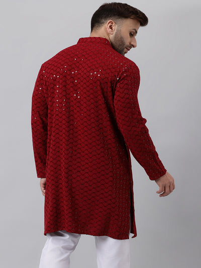 Hangup Men's Ethnic Embroidered Maroon Kurta