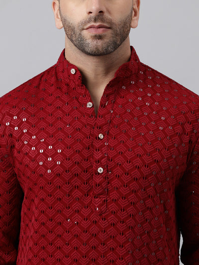 Hangup Men's Ethnic Embroidered Maroon Kurta