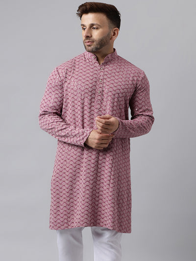 Hangup Men's Ethnic Embroidered Pink Kurta