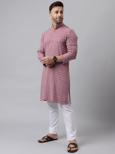 Hangup Men's Ethnic Embroidered Pink Kurta